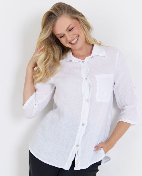 Bluse in Weiß aus Leinen mit Krempelarm