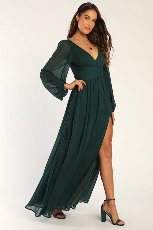 green emerald velvet dress Emerald Silk Long Sleeve Maxi Dress – trinarosh