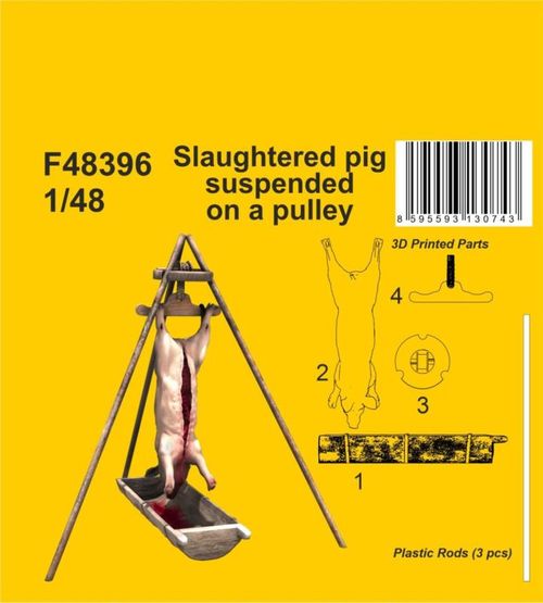 Slaughtered pig suspended on...