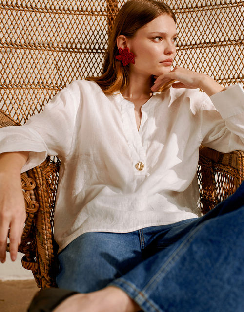 Camille Button Linen Top White