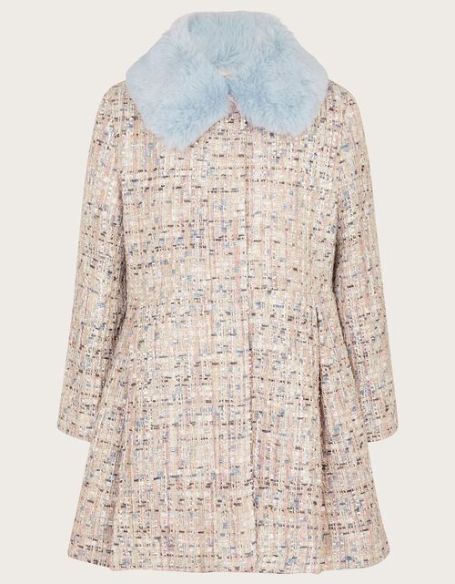 Sparkle Tweed Faux Fur Collar Coat Blue