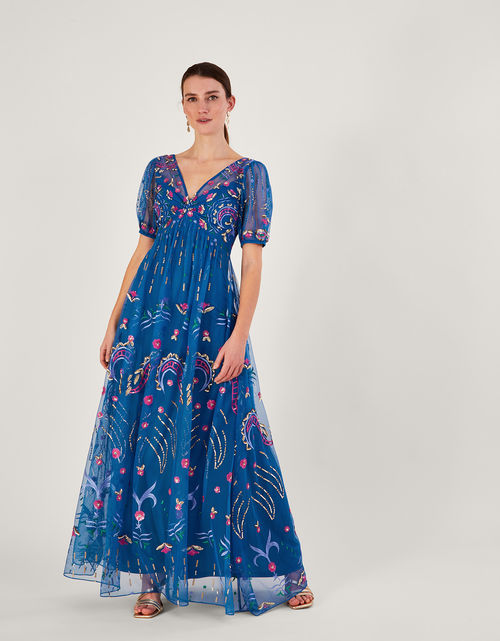 Tilly Tiered Maxi Dress in Recycled Polyester Blue