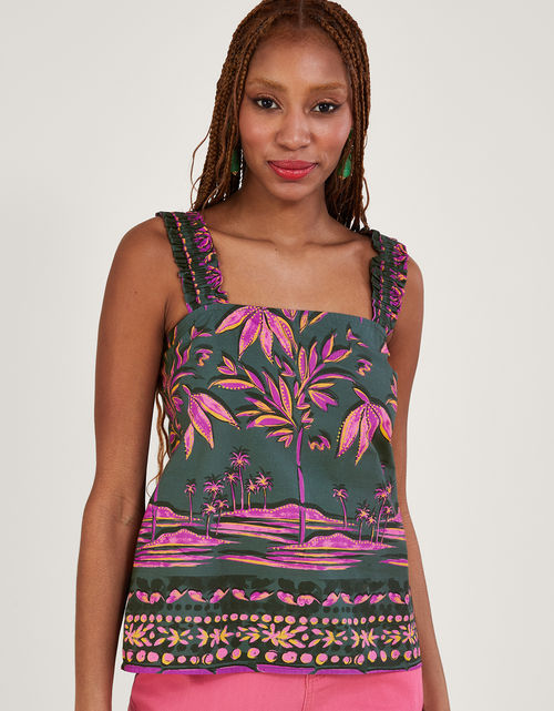 Pedra Palm Print Cami Top in Sustainable Cotton Green