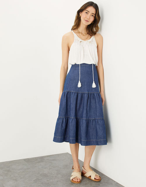 Hemp Denim Tiered Midi Skirt...