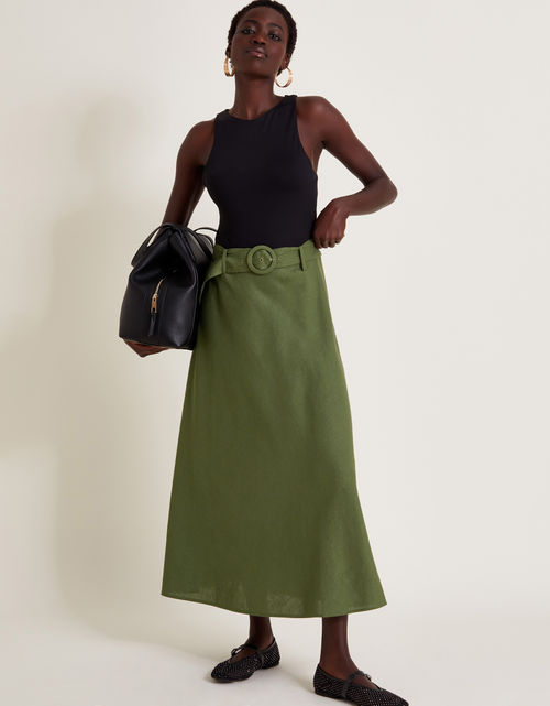Olive Belted Midi Skirt Green