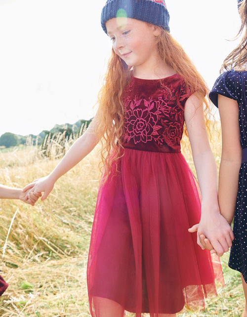 Floral Embroidered Velvet Dress Red