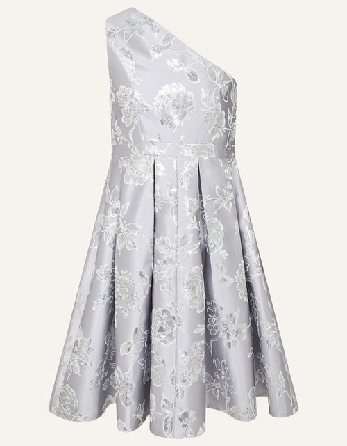 One-Shoulder Floral Jacquard Prom Dress Silver