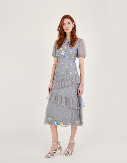 Ellie Embroidered Tiered Hem Dress Blue