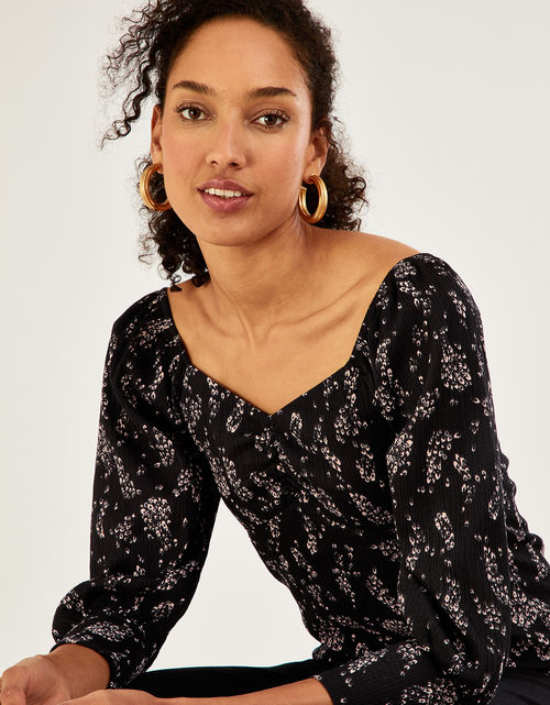 Feather Print Top Black