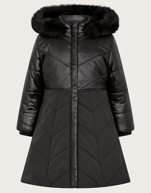 Faux Fur Hooded A-Line Puffer...