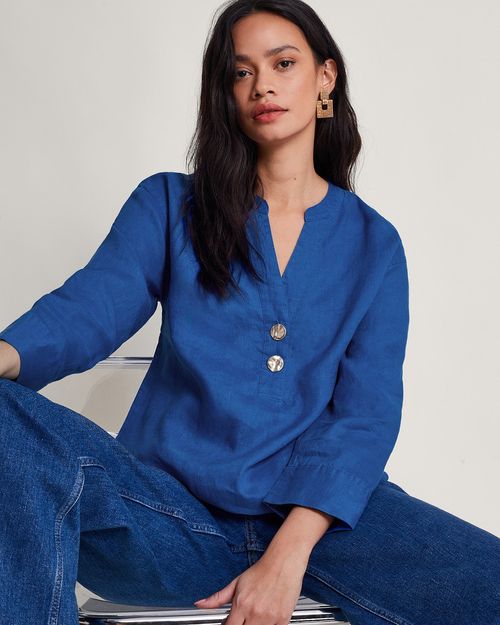 Camille Button Linen Top Blue