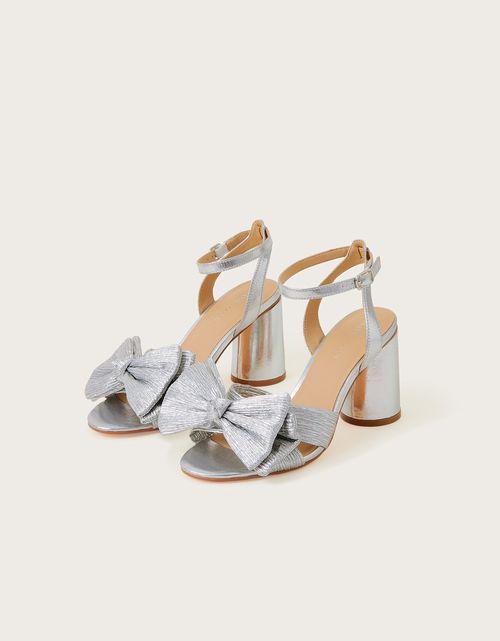 Bow Block Heel Sandals Silver