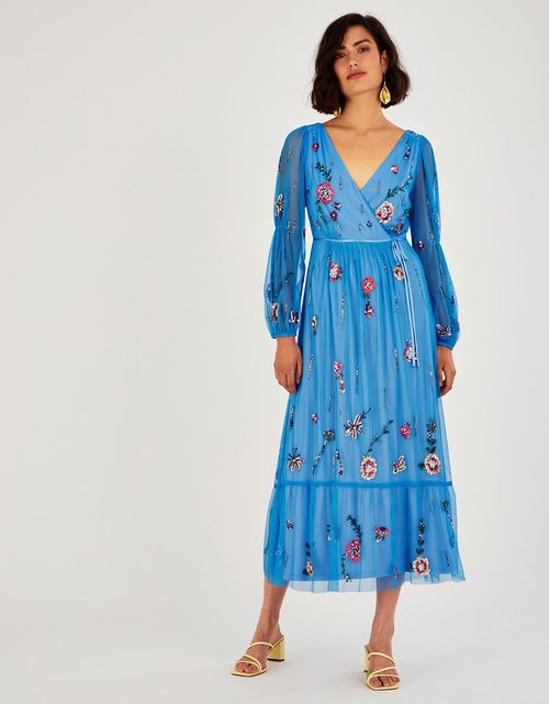 Hattie Embellished Wrap Dress Blue