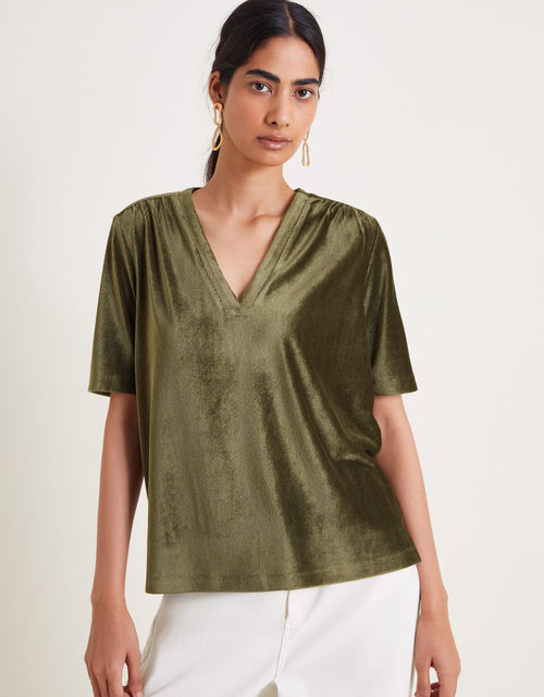 Shay Rib Velour V-Neck T-Shirt Green