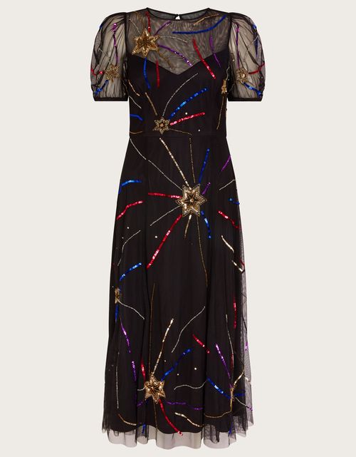 Fenn Embroidered Midi Dress in Recycled Polyester Black, Party Dresses