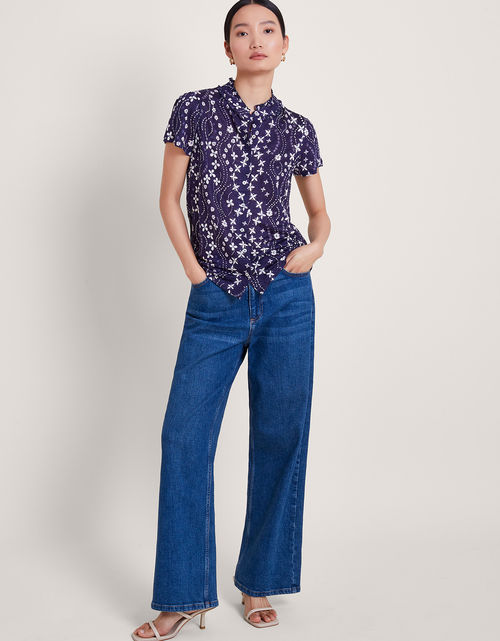 Serena Floral Linen Top Blue