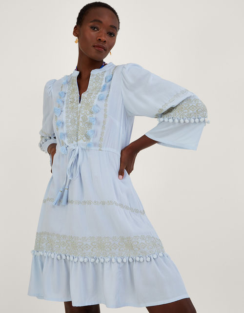 Embroidered Pom-Pom Kaftan Dress in LENZING™ ECOVERO™ Blue | £80.00 |  Buchanan Galleries