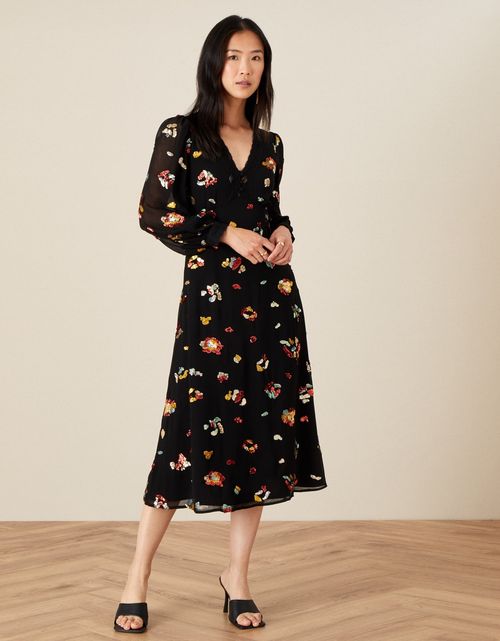 Fenn Embroidered Midi Dress in Recycled Polyester Black, Party Dresses