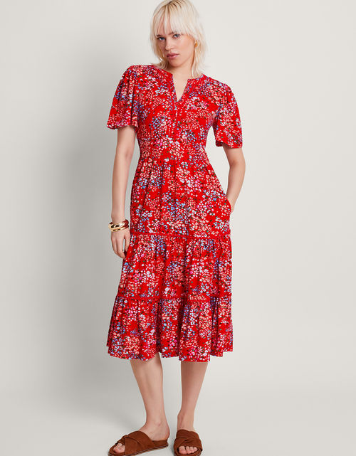 Micola Print Tiered Dress Red