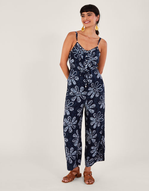 Cosmic Print Stretch Denim Jumpsuit Blue