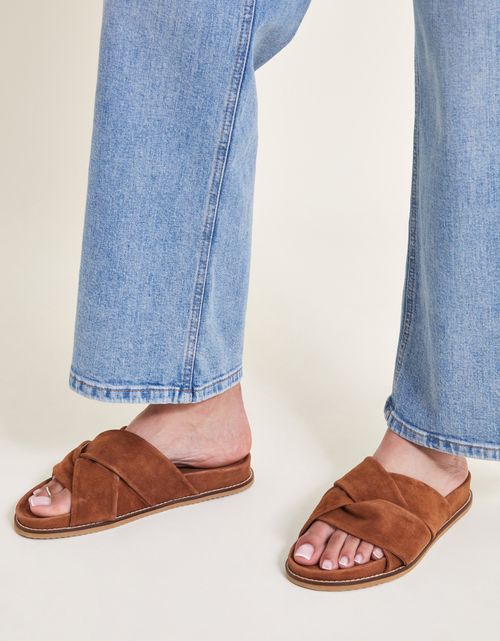 Suede Twist Strap Sandals Tan