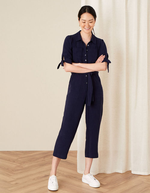 Plain Collared Jumpsuit Blue