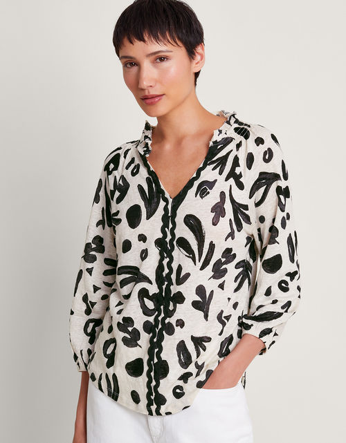 Rosa Print Linen Top Ivory