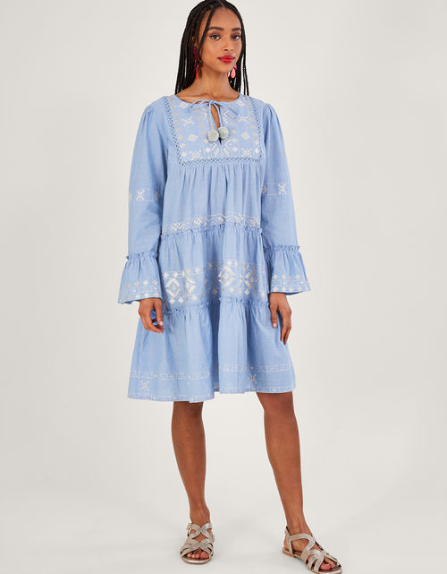 Embroidered Tiered Dress Blue