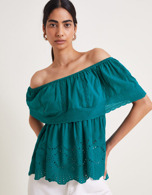 Cleo Broderie Bardot Top Teal