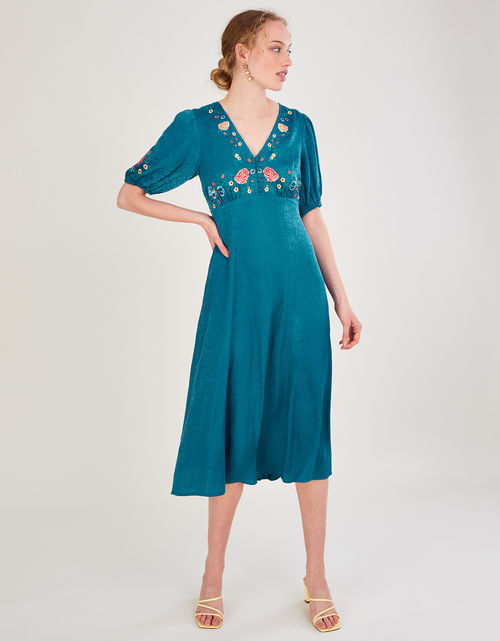 Juliette Embroidered Jacquard Midi Dress in Recycled Polyester Teal