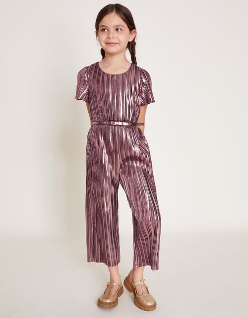 Metallic Plisse Belted Jumpsuit Gold