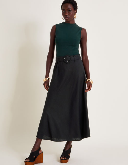 Olive Belted Midi Skirt Black