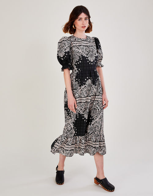 Scarf Print Poplin Midi Dress...