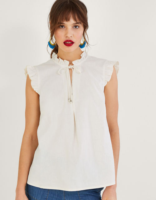 Cutwork Embroidery Cami Top in Linen Blend Ivory