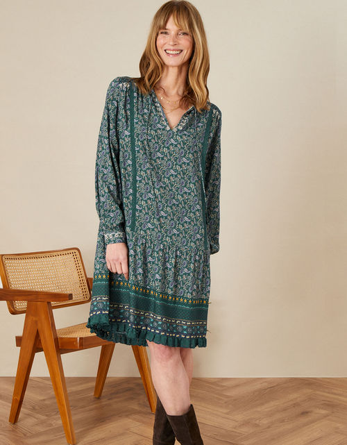 Printed Lace Trim Smock Dress...