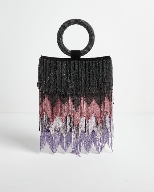 Buy Black Rainbow Stripe Beaded Fold Over Clutch Bag | Pink Pineapple