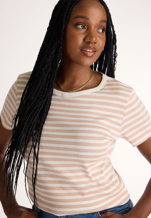 Womens Beige Stripe Crew Rib...