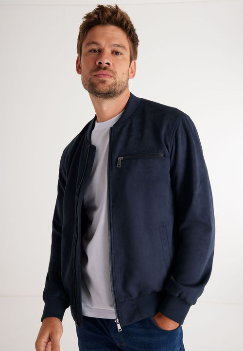 Mens Navy Suede Mock Bomber...