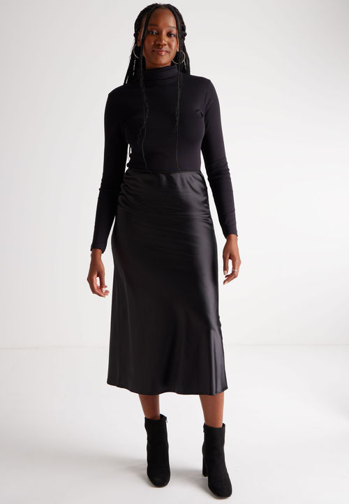 Womens Black Satin Midi Skirt