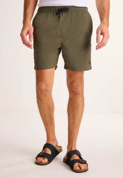 Mens Khaki Cargo Swim Shorts