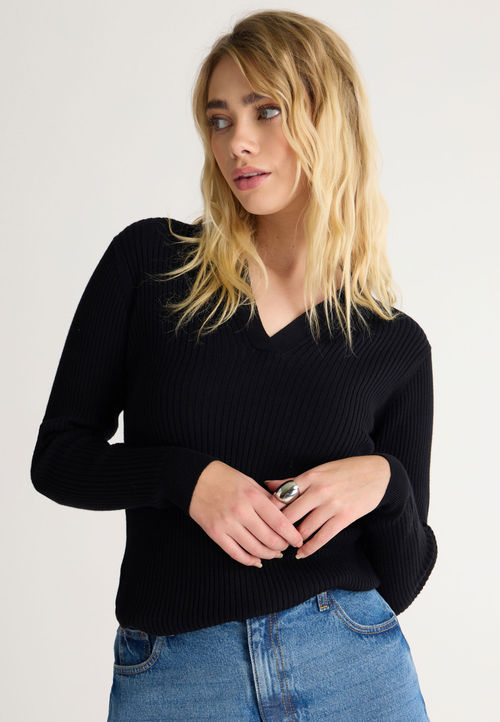 Womens Black Rib Collar Jumper