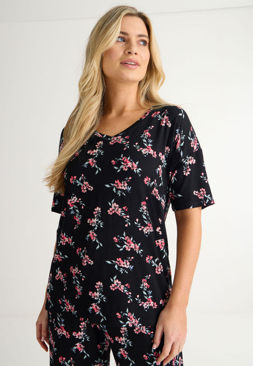 Womens Black Floral Pyjama Top