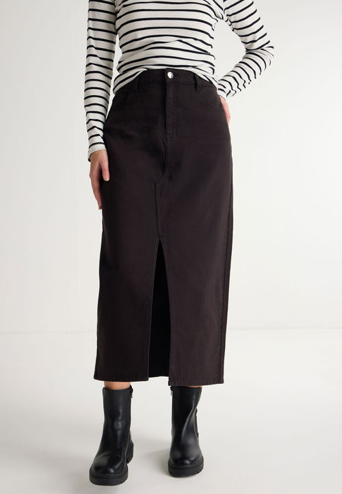 Womens Black Denim Midi Skirt