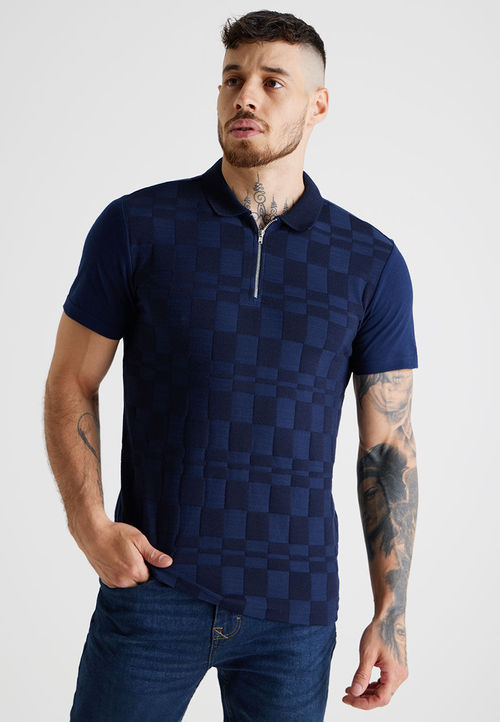 Mens Navy Textured Zip Polo...