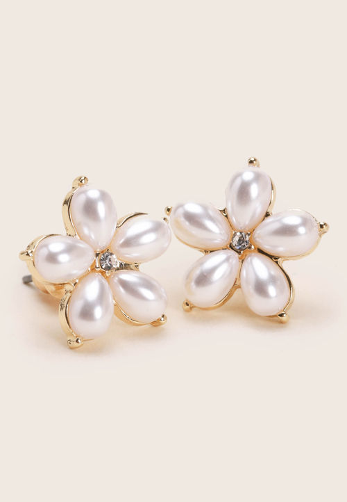 Womens Gold Pearl Flower Stud...