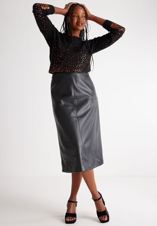 Womens Black PU Midi Skirt