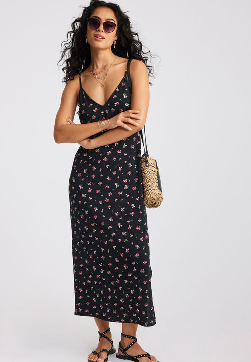 Womens Black Floral Midi Slip...