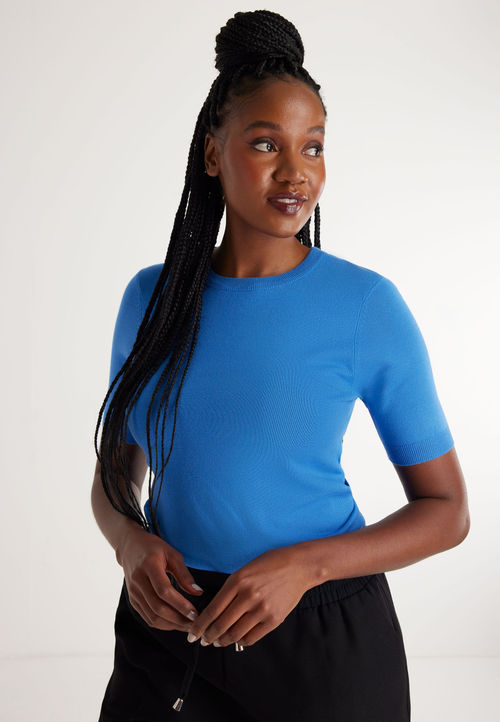 Womens Blue 3/4 Sleeve Jumper