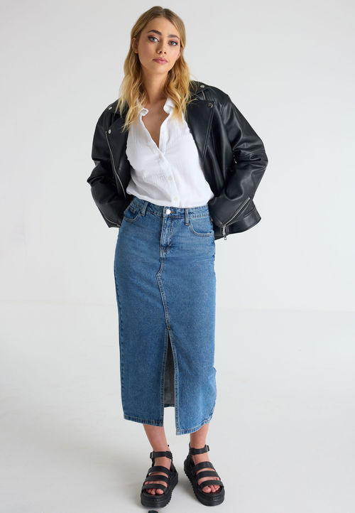 Womens Blue Denim Split Skirt