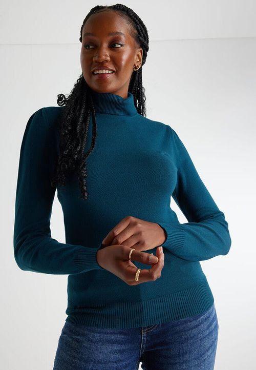 Womens Teal Roll Neck Jumper